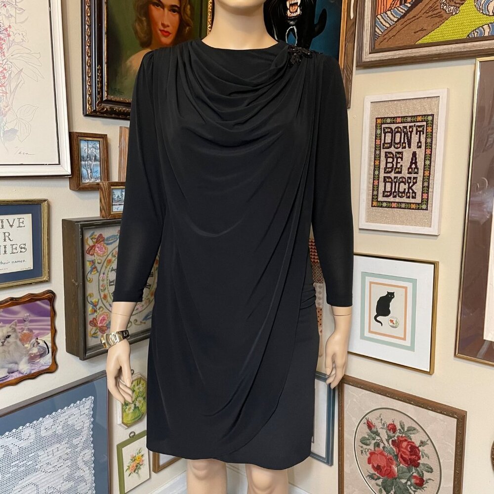 70s Vintage Claudia Cooper for i.magnin Black Draped Stretch Cocktail Dress 16